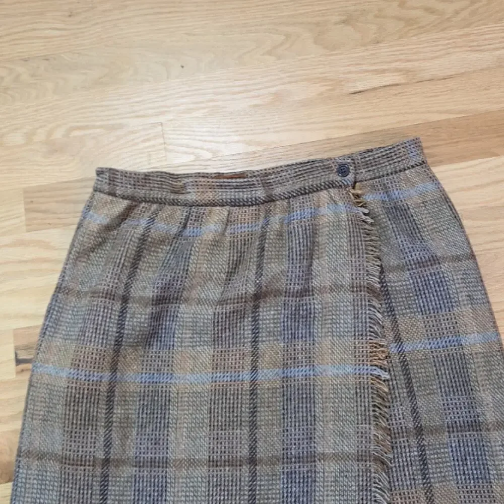 Vintage Parsons Place Wool Blend Plaid Wrap Skirt Fringe Hem size 12